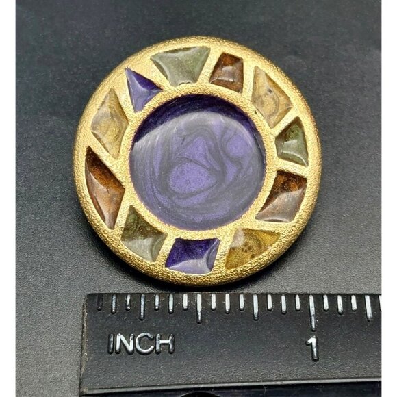 Vintage Xeja Brushed Gold Tone & Enamel Round Clip On Earrings 90's Signed 1.25" - Picture 7 of 7